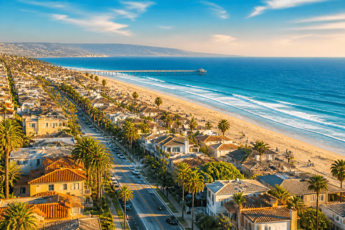 South Bay beach community — palm trees, sun, sand and surf stretching along the coastline